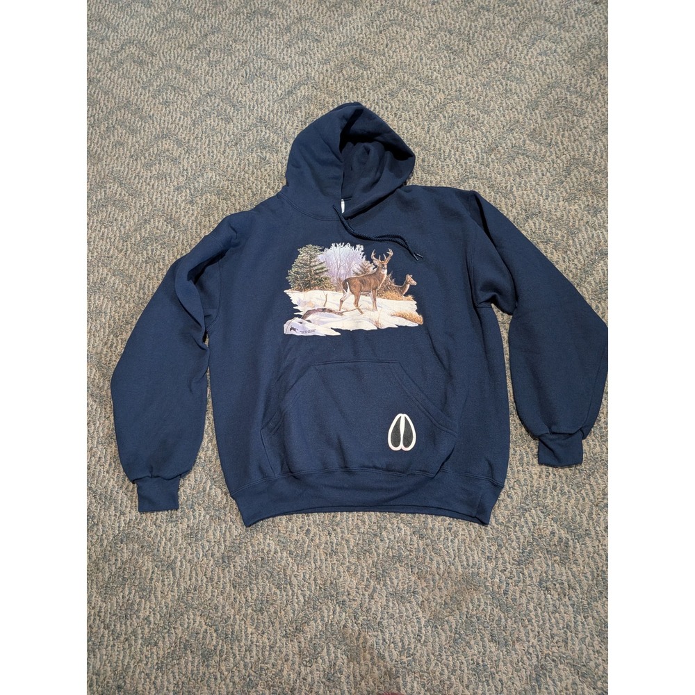 Vintage 2000 Bruce Miller Airwaves Deer Wildlife Hoodie Navy Blue Large Y2K